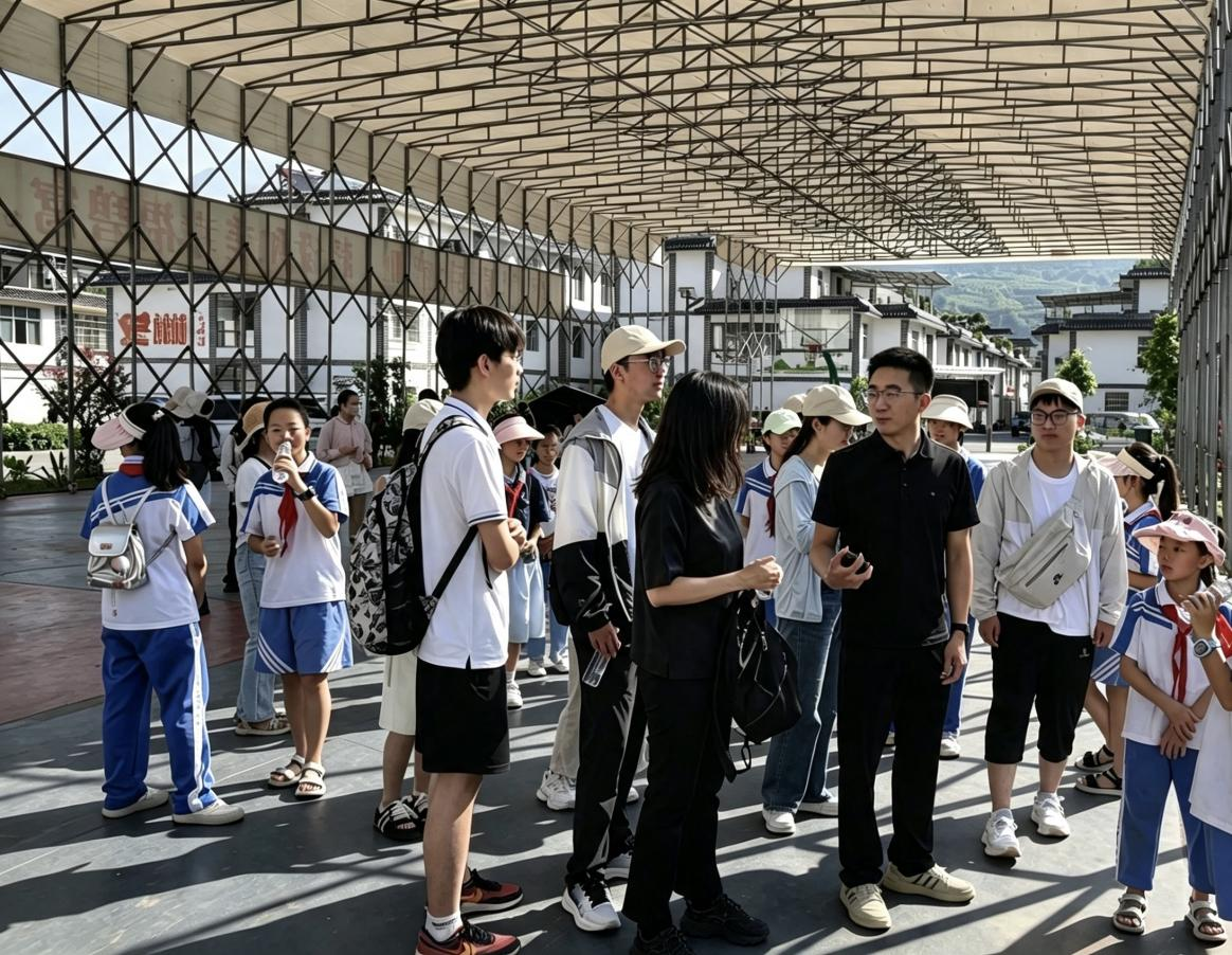 20260718-永利集团304官网经管学院赴四川宁南实践-吴添-支队成员与小学生在宁南县松新镇调研.png